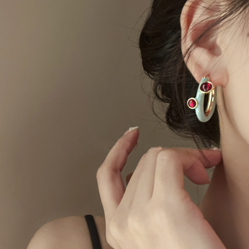 Vintage French & Red Crystal Geometric Earrings